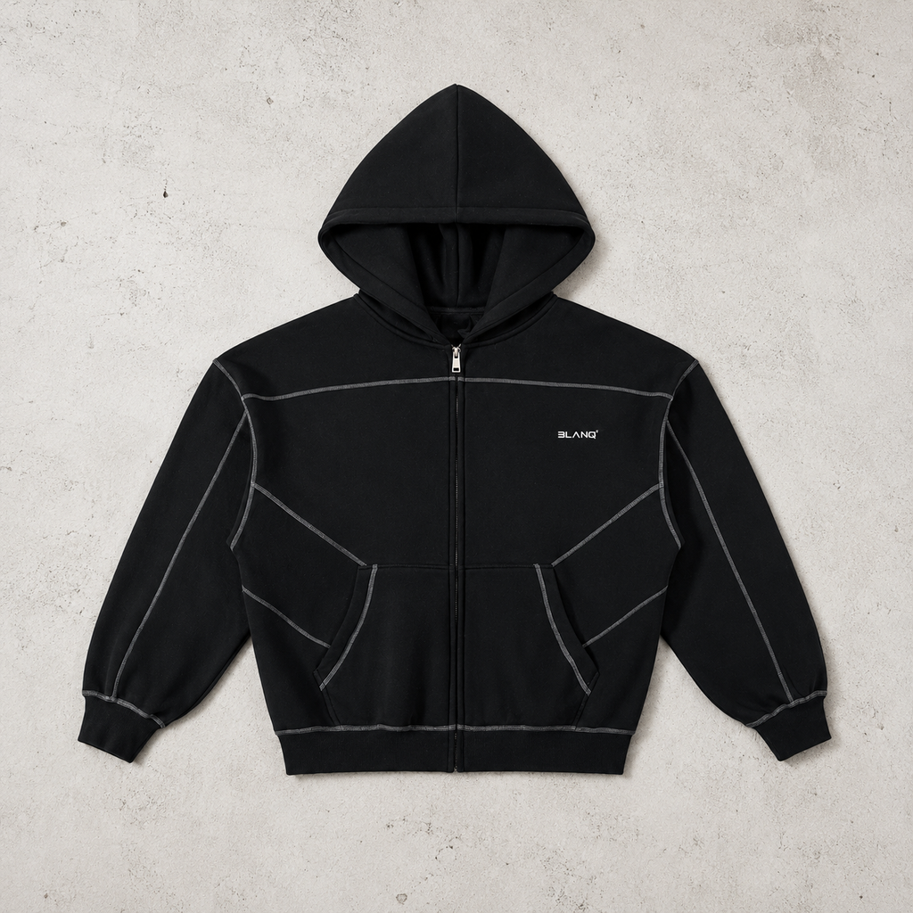 CONTRAST-STITCHED BOXY FLEECE ZIP HOODIE