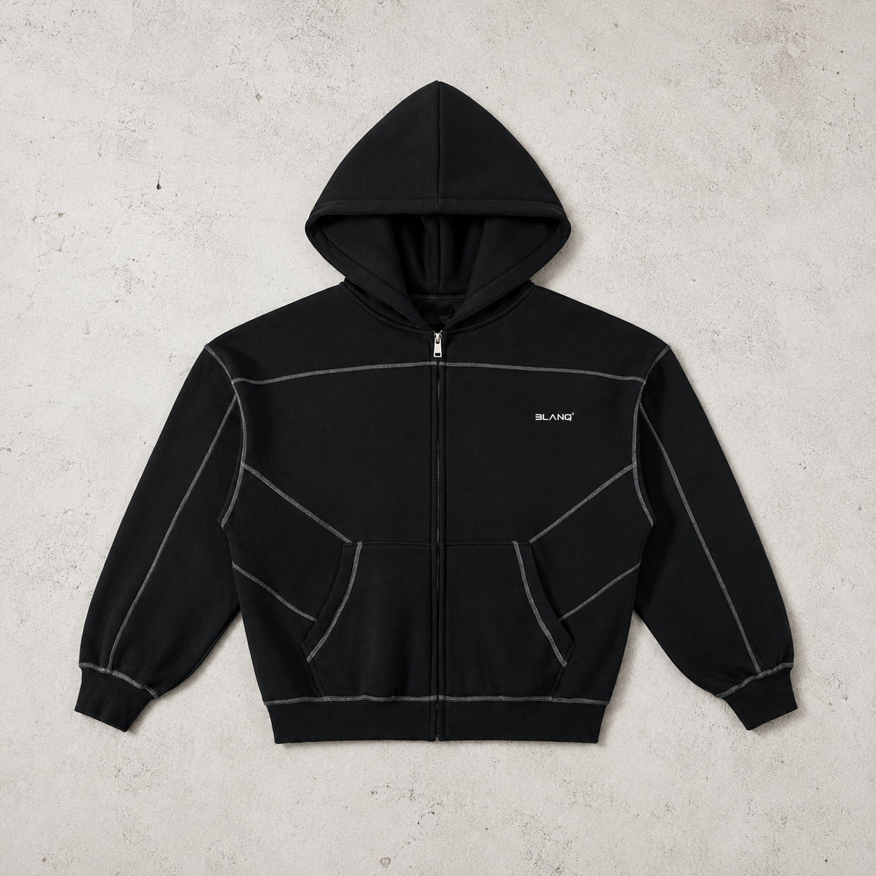CONTRAST-STITCHED BOXY FLEECE ZIP HOODIE