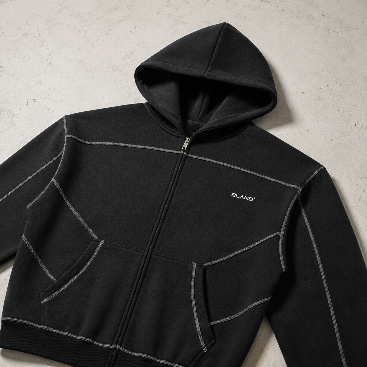 CONTRAST-STITCHED BOXY FLEECE ZIP HOODIE