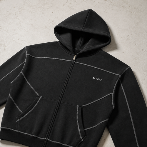 CONTRAST-STITCHED BOXY FLEECE ZIP HOODIE