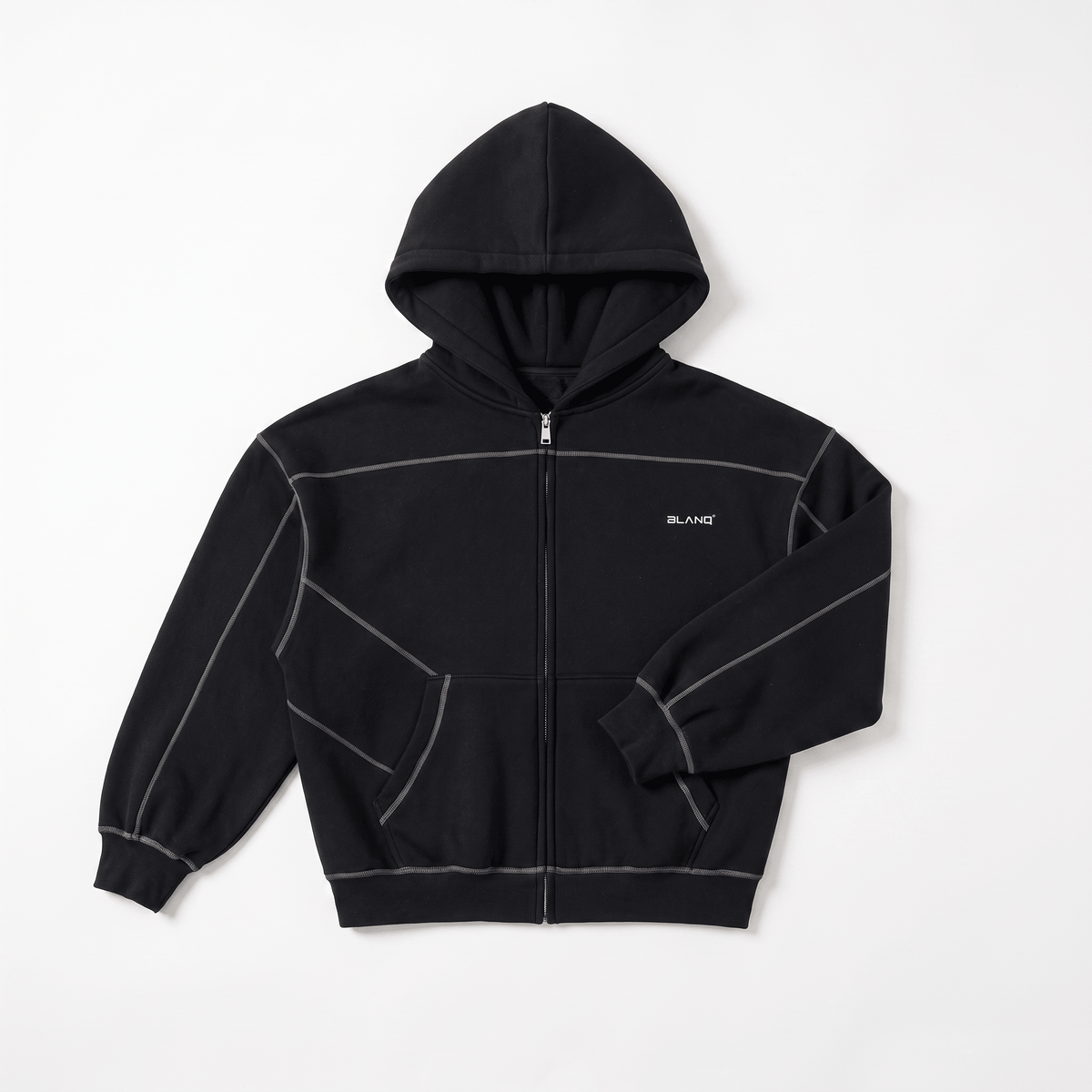 CONTRAST-STITCHED BOXY FLEECE ZIP HOODIE - BLANQ²