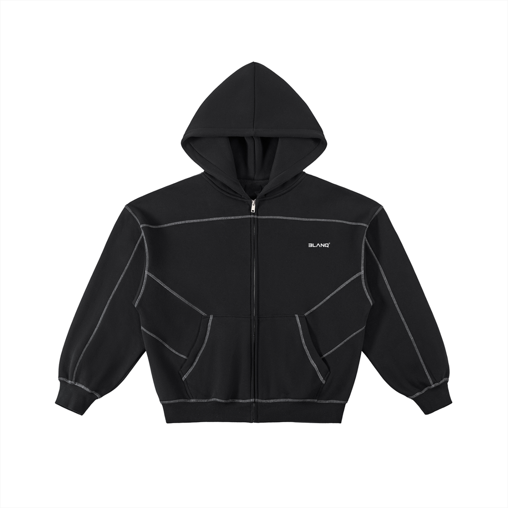 CONTRAST-STITCHED BOXY FLEECE ZIP HOODIE